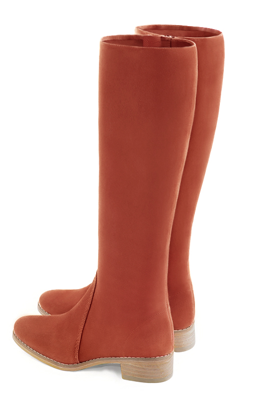 Terracotta orange women's riding knee-high boots. Round toe. Low leather soles. Made to measure. Rear view - Florence KOOIJMAN